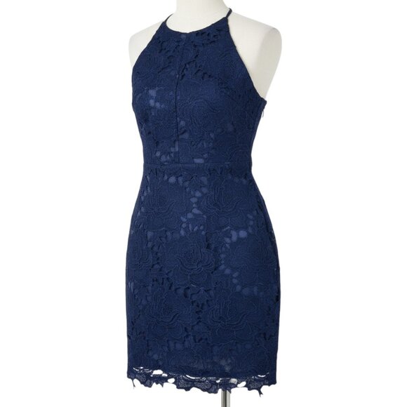 NWT Lauren Nicole What a Doll Dress Navy crochet Floral Lace Halter Mini Dress S - Picture 1 of 12